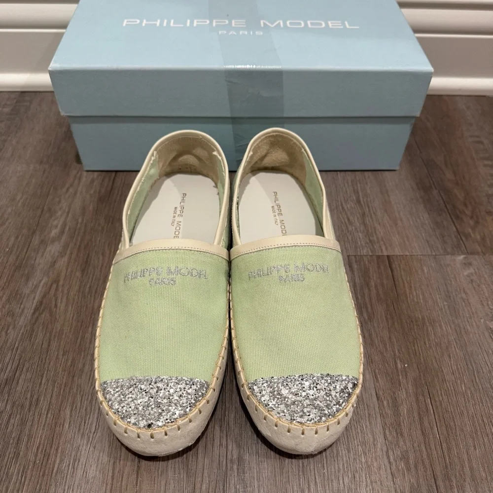 Philippe Model Marseille Low Canvas Glitter Detail Green Espadrille Flats